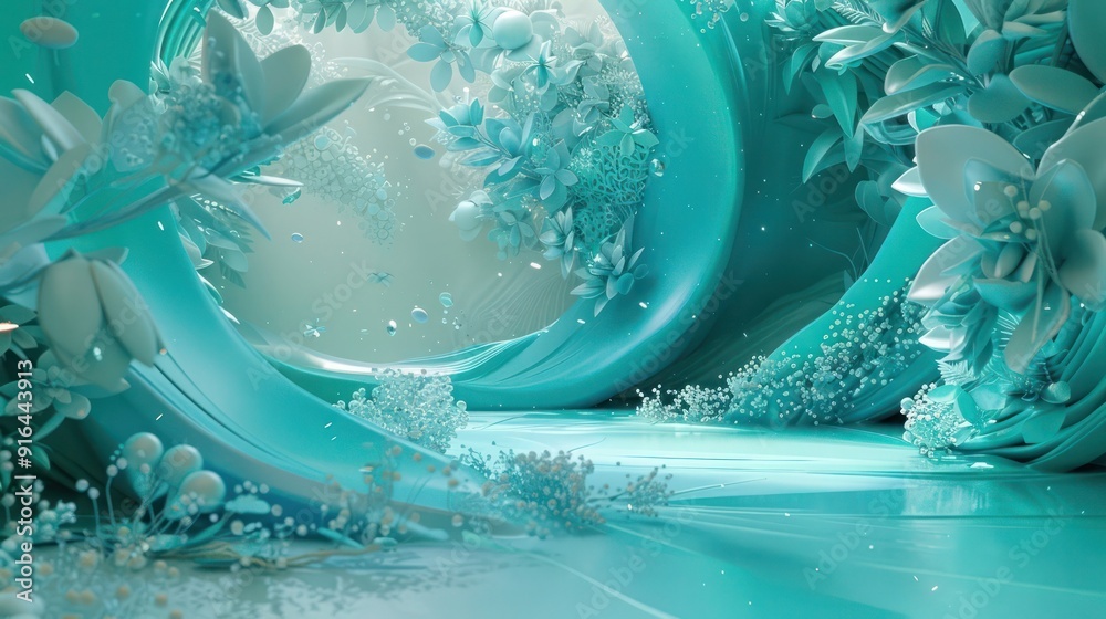 Aufkleber an enchanting 3d abstract scene with interactive elements in serene teal and aquamarine, where user 