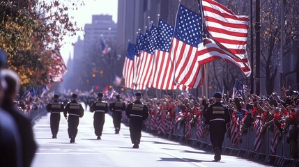 A Veterans Day parade with veterans marching in uniform, carrying American flags, spectators lining the streets cheering and waving, creating a scene of patriotism and honor, with red, white, and