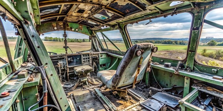 Destroyed interior of a military Mi-24 helicopter cockpit, wreckage, abandoned, old, war, battlefield, military