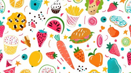 A vibrant arrangement of various fruits, snacks, and beverages creates a playful and cheerful atmosphere