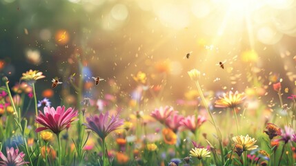 Fototapeta premium Sunny Meadow with Bees and Flowers