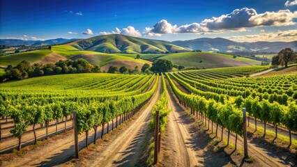 Fototapeta premium A scenic winery vineyard with rows of grapevines against a beautiful backdrop of rolling hills and blue skies, winery