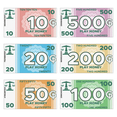 A set of play money. Isolated on white background. Vector illustration.