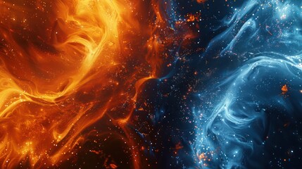 3D abstract background featuring particle effects in fiery orange and deep indigo, where swirling and sparkling particles