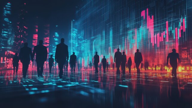 Silhouetted business figures walking across a giant GDP and inflation scatter plot, data visualization, economic journey