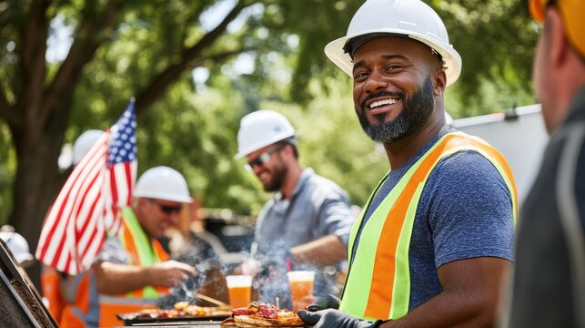 A group of workers celebrating Labor Day with a barbecue at a park, wearing hard hats and safety vests, enjoying grilled food and drinks, chatting and laughing, an American flag displayed