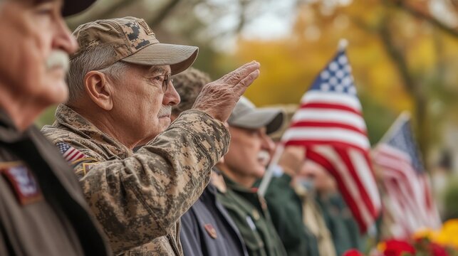 A group of veterans gathered at a memorial site for a Veterans Day ceremony, standing in a line and saluting, American flags displayed around, a wreath being laid in honor of fallen soldiers,