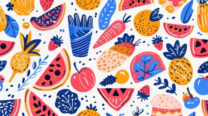 Naklejka premium A lively arrangement of illustrated fruits and vegetables in bright colors on a white backdrop