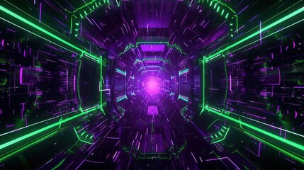Obraz premium 3D abstract background adorned with retro-futuristic elements in shades of cosmic purple and laser green