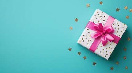 Stylish gift box tied with a pink ribbon, set against a vibrant turquoise background with golden star accents. Great for adding a touch of festivity to your projects or presentations.