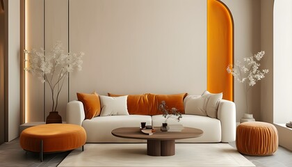 The modern and minimalist living room combines warm sofa with decoration to create a warm atmosphere.