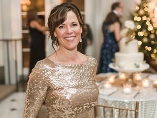 A woman in a gold sequined dress smiles at the camera at a wedding reception.