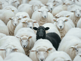 A single black sheep stands out amongst a crowd of white sheep in a field.