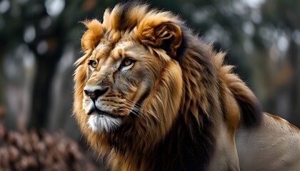 A close-up of the majestic lion shows its strong figure and golden mane.