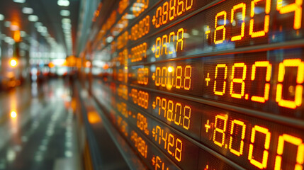 Financial Market Pulse: Glowing numbers on a stock ticker tape reflect the dynamic energy of the trading floor, capturing the essence of financial markets in action. 