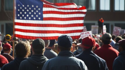 A labor union demonstration with workers marching together, holding signs advocating for fair wages and workers' rights, a speaker addressing the crowd, and the American flag prominently displayed,