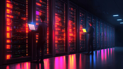 Data Center Guardians: Two IT professionals work diligently in a dimly lit server room, their silhouettes illuminated by the vibrant glow of data processing. The image captures the essential role they