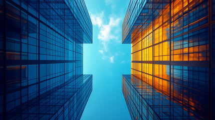 Urban Chasm: A symphony of glass and steel, two towering skyscrapers converge against a vibrant sky, reflecting the dynamic energy of city life. 