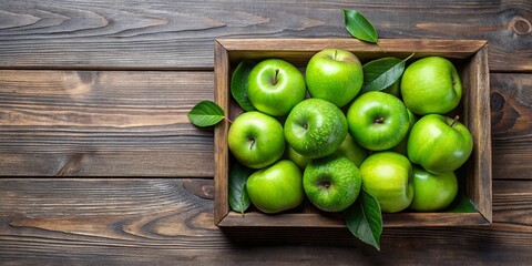 Fresh green apples in a wooden box isolated on background, top view, fresh, green, apples, wooden box, isolated
