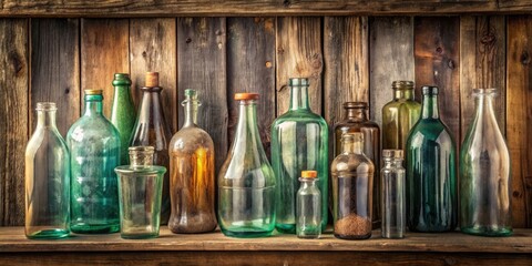 Antique glass bottles on a vintage wooden shelf , vintage, glass, bottles, collection, old, retro, rustic, display, decor