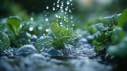 Life-Giving Rains: Lush green seedlings thrive under a gentle cascade of water, capturing the essence of growth and renewal in nature.
