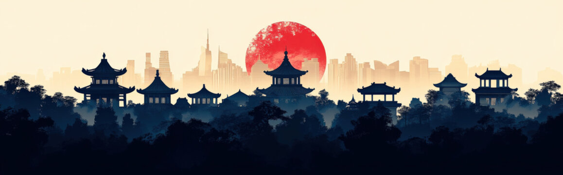 abstract silhouettes of traditional Chinese temples in dark tones against a light background, evoking the cultural and spiritual heritage of Chinese New Year