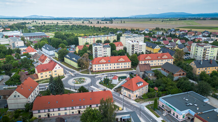 Aerial view of a residential area with colorful houses and green spaces in a small town during daylight