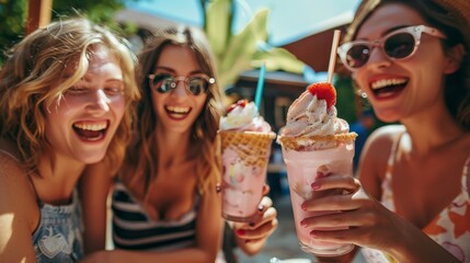 A group of friends enjoying ice cream floats at an outdoor party
