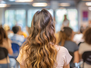 A woman with long wavy brown hair is seated in a classroom, facing away from the camera, with other people in the background.