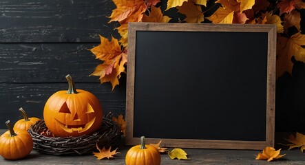 Empty Halloween welcome signboard mockup with pumpkins, lantern and fallen leaves. Black board with autumn holiday decoration with copy space