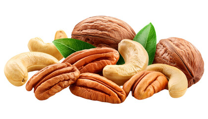 A variety of healthy nuts including walnuts, cashews, and pecans, arranged with green leaves for a natural touch.