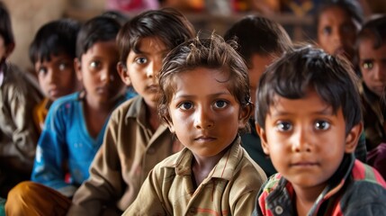 Fototapeta premium A group of children are sitting at a desk with books and writing utensils
