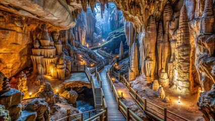Aerial view of a tall hallway of caves with rock formations and stalactites , caves, caverns, stalactites, underground, tunnel