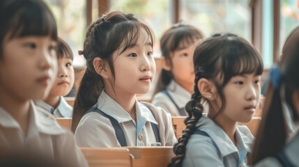Fototapeta premium Chinese elementary school students wearing school uniforms happily and intently look at the teacher in class.