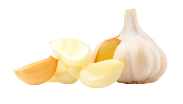Fresh garlic bulbs and cloves isolated on white background, ideal for culinary and health-related projects.