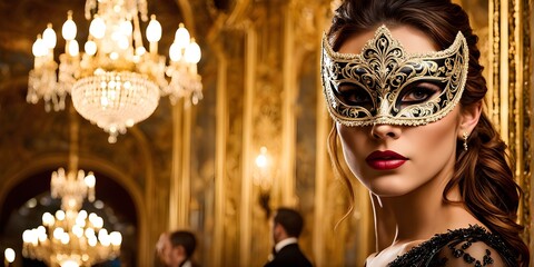 young woman at venetian masquerade with ornate mask