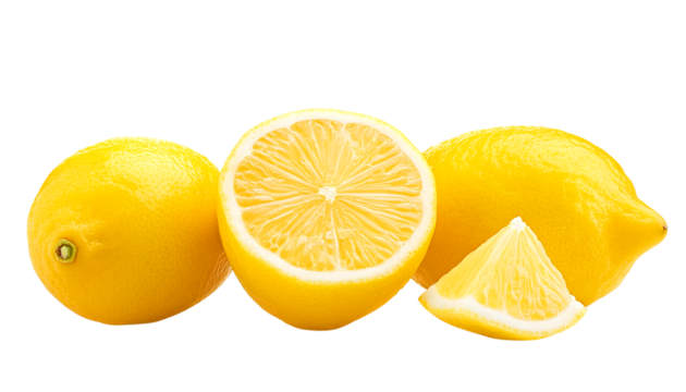Fresh, vibrant lemons with a sliced lemon showcasing its juicy interior, perfect for cooking or adding flavor.