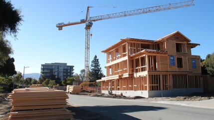 construction site with heavy machinery and cranes set against a backdrop of a cloudless blue sky. 