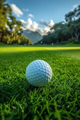 Detailed view of golf ball on fairway with players out of focus in the background