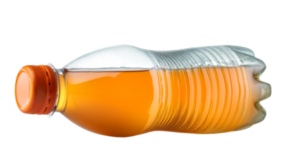 Transparent plastic bottle filled with refreshing orange drink, showcasing bright color and appetizing look.
