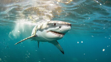 Fototapeta premium A great white shark swimming just below the surface of the wate
