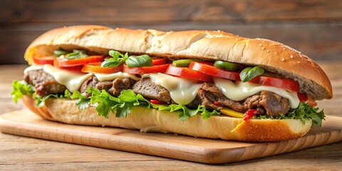 Delicious steak and cheese sub sandwich , sub, sandwich, steak, cheese, lunch, food, meat, grilled, savory, meal, fast food, deli