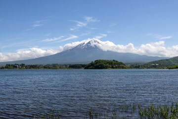 Scenic view of Mount Fuji from Lake Kawaguchiko, Japan.