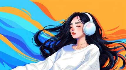 A tranquil woman in headphones exudes calmness, surrounded by pastel tones, perfect for a study playlist vibe.