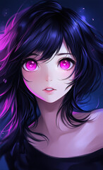 Naklejka premium A captivating anime girl with flowing black hair and glowing pink eyes, styled in dark hues, exuding an enchanting aura.