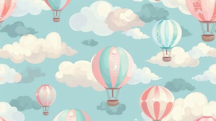 A whimsical pattern featuring hot air balloons floating among clouds in pastel colors. The dreamy design is perfect for creating a sense of adventure and wonder.