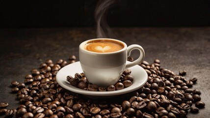 Fototapeta premium A cup of coffee with coffee beans, hot drink for morning energy