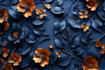 A sophisticated black background wallpaper adorned with a bunch of leaves and flowers, providing elegant copy space