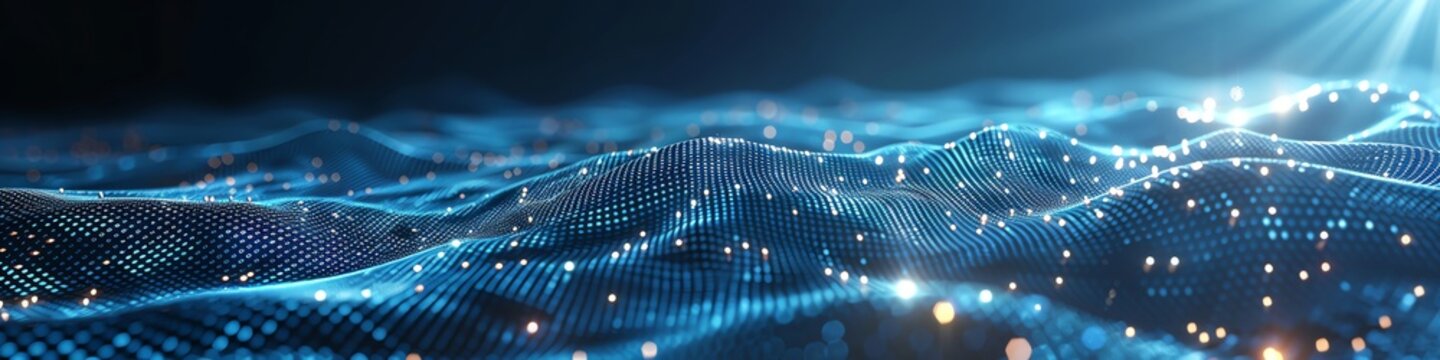 Abstract digital wave with holographic effects and binary code, blue tones, hightech, dynamic motion, futuristic aesthetic