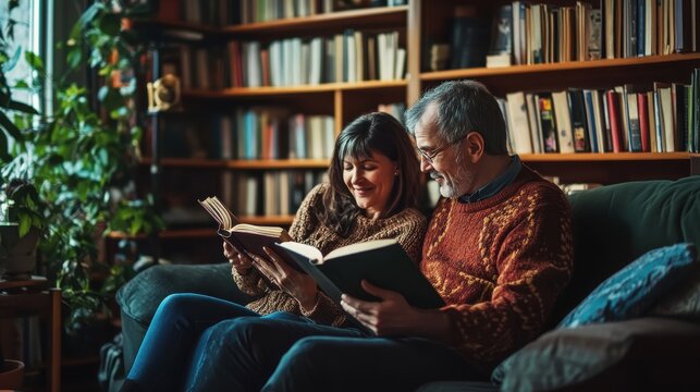 An adult couple sitting in a cozy living room, reading books together, with a sense of tranquility and mutual support, reflecting the lifelong pursuit of knowledge and the joy of shared intellectual
